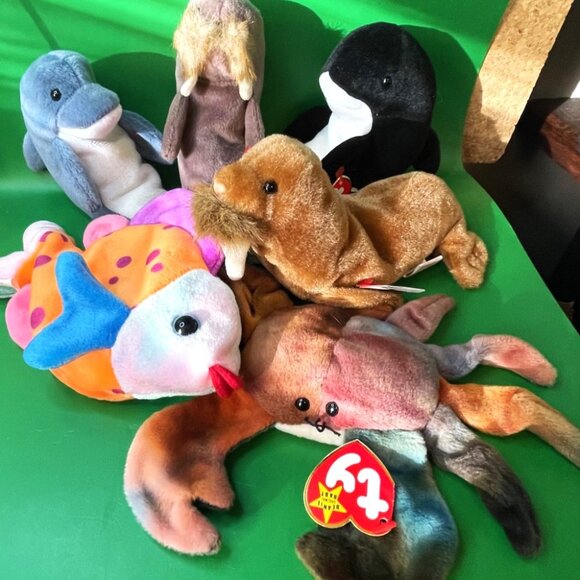 Ty Beanie Baby Lot of 6 Ocean Beanbag Plush Stuffed Animals Fish Walrus Crab 90s - Picture 1 of 15